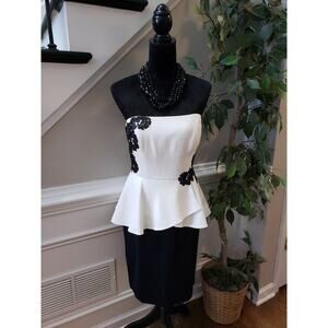 Kay Unger Dress Women’s Size 6 Black White Strapless Peplum Lace Cocktail